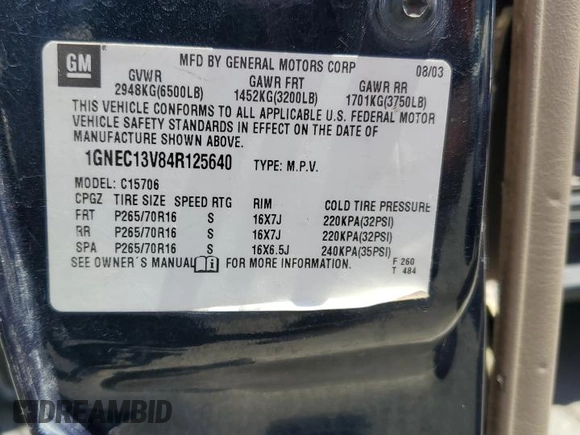 2004 Chevrolet Tahoe LS with VIN 1GNEC13V84R125640, listed as a Copart auction lot 64963995 with Not provided miles and Clean title. Bid and sale history available at DreamBid. Image 13.