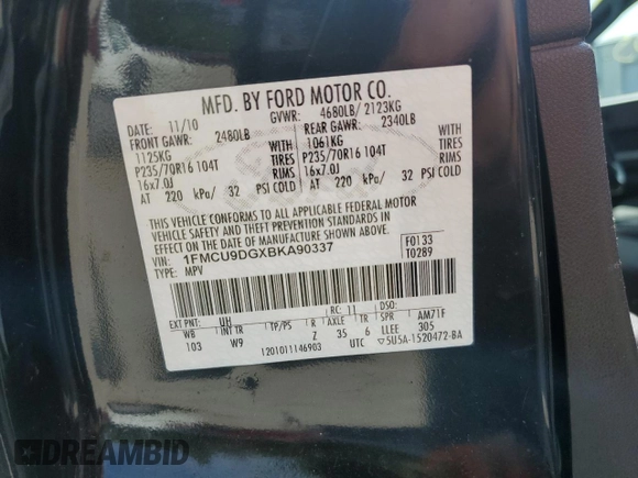 2011 Ford Escape XLT with VIN 1FMCU9DGXBKA90337, listed as a Copart auction lot 56063355 with 122,956 mi miles and Non repairable. Bid and sale history available at DreamBid. Image 13.