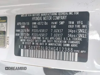 2017 Hyundai Santa Fe 2.4L z VIN 5XYZT3LB2HG412388, wystawiony jako IAAI lot #41174620 z przebiegiem 122 237 mil mil oraz . Historia ofert i sprzedaży dostępna na DreamBid. Obrazek 9.