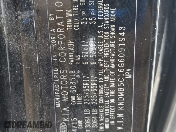 2016 Kia Sedona LX with VIN KNDMB5C16G6091943, listed as a Copart auction lot 50242475 with 182,678 mi miles and Salvage Title. Bid and sale history available at DreamBid. Image 13.