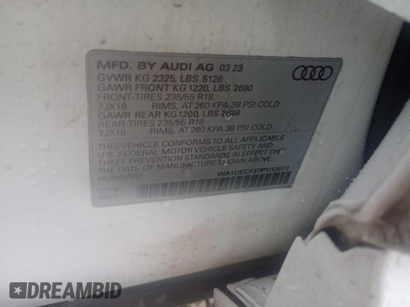2023 Audi Q3 S line Premium with VIN WA1DECF37P1112072, listed as a IAAI auction lot 42744228 with 51,288 mi miles and . Bid and sale history available at DreamBid. Image 2.