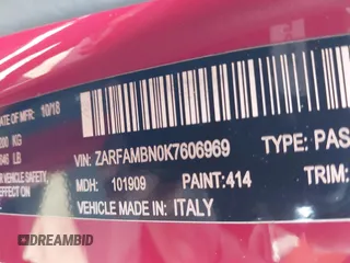 2019 Alfa Romeo Giulia Ti Sport with VIN ZARFAMBN0K7606969, listed as a IAAI auction lot 41962828 with 46,544 mi miles and . Bid and sale history available at DreamBid. Image 9.