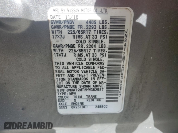 2017 Nissan Rogue S with VIN JN8AT2MT2HW382587, listed as a Copart auction lot 47066065 with 192,971 mi miles and Salvage Title. Bid and sale history available at DreamBid. Image 14.