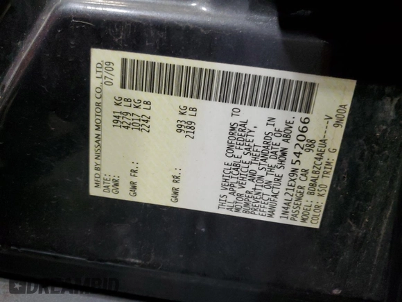 2009 Nissan Altima 2.5 with VIN 1N4AL21EX9N542066, listed as a Copart auction lot 46871235 with 184,790 mi miles and Salvage Title. Bid and sale history available at carsss.com. Image 12.