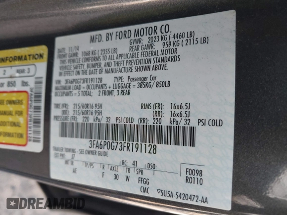2015 Ford Fusion S with VIN 3FA6P0G73FR191128, listed as a IAAI auction lot 41901683 with 135,150 mi miles. Bid and sale history available at carsss.com. Image 9.
