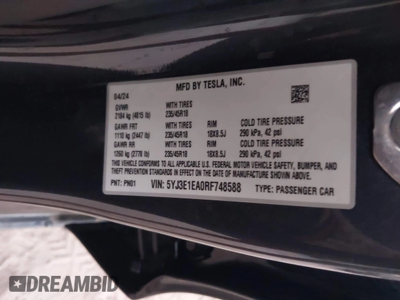 2024 Tesla Model 3 with VIN 5YJ3E1EA0RF748588, listed as a IAAI auction lot 41900733 with 2,547 mi miles. Bid and sale history available at carsss.com. Image 9.