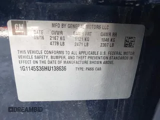 2017 Chevrolet Impala Premier with VIN 1G1145S36HU138636, listed as a IAAI auction lot 41755442 with 157,488 mi miles and . Bid and sale history available at DreamBid. Image 9.