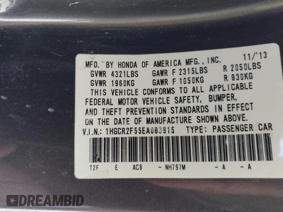 2014 Honda Accord Sport with VIN 1HGCR2F55EA083915, listed as a IAAI auction lot 41808126 with 148,174 mi miles and . Bid and sale history available at carsss.com. Image 9.