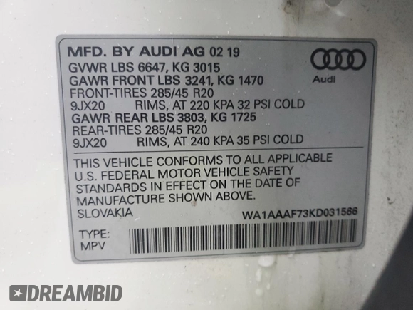 2019 Audi Q7 Premium z VIN WA1AAAF73KD031566, wystawiony jako Copart lot #57847165 z przebiegiem 24 151 mil mil oraz Szkoda całkowita • Salvage title. Historia ofert i sprzedaży dostępna na DreamBid. Obrazek 13.
