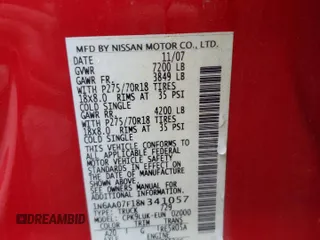 2008 Nissan Titan XE z VIN 1N6AA07F18N341057, wystawiony jako Copart lot #53976465 z przebiegiem 206 495 mil mil oraz Czysty tytuł • Clean title. Historia ofert i sprzedaży dostępna na DreamBid. Obrazek 12.