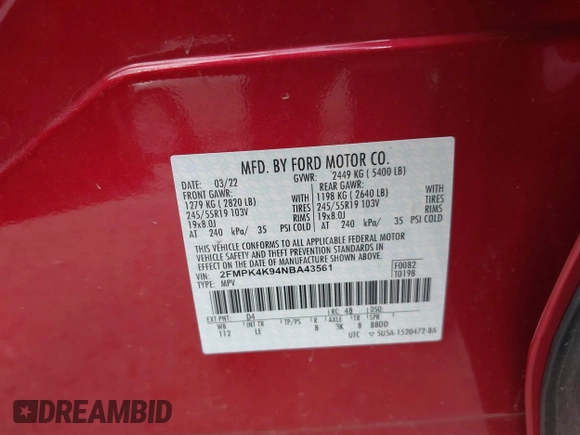 2022 Ford Edge Titanium with VIN 2FMPK4K94NBA43561, listed as a IAAI auction lot 42445617 with 44,029 mi miles and . Bid and sale history available at DreamBid. Image 9.