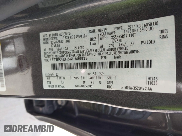 2019 Ford Ranger XL z VIN 1FTER4EH5KLA89938, wystawiony jako IAAI lot #42439891 z przebiegiem 85 150 mil mil oraz . Historia ofert i sprzedaży dostępna na DreamBid. Obrazek 9.