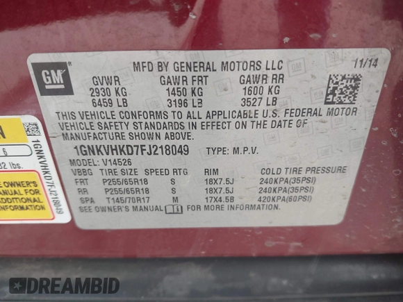 2015 Chevrolet Traverse LT with VIN 1GNKVHKD7FJ218049, listed as a IAAI auction lot 41613665 with 135,434 mi miles and . Bid and sale history available at DreamBid. Image 9.