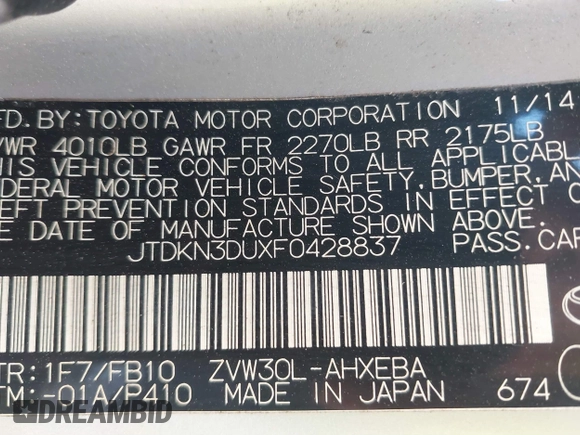 2015 Toyota Prius Four with VIN JTDKN3DUXF0428837, listed as a IAAI auction lot 41848140 with 70,597 mi miles. Bid and sale history available at carsss.com. Image 9.