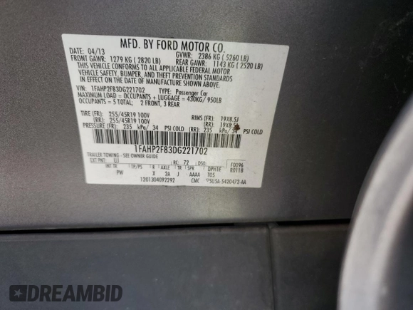 2013 Ford Taurus Limited z VIN 1FAHP2F83DG221702, wystawiony jako Copart lot #51580255 z przebiegiem 174 364 mil mil oraz Szkoda całkowita • Salvage title. Historia ofert i sprzedaży dostępna na DreamBid. Obrazek 10.