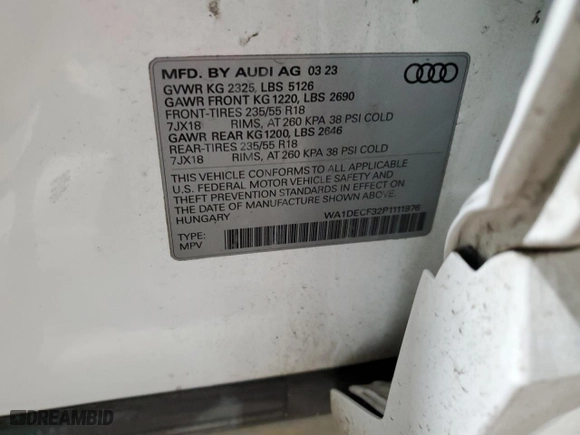 2023 Audi Q3 S line Premium with VIN WA1DECF32P1111976, listed as a Copart auction lot 44123615 with 44,249 mi miles and Clean Title. Bid and sale history available at carsss.com. Image 13.
