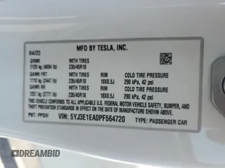 2023 Tesla Model 3 с VIN 5YJ3E1EA0PF564720, выставлен на аукционе Copart как лот 62594315 с пробегом 19 429 миль миль и Списание • Salvage title. История ставок и продаж доступна на DreamBid. Изображение 12.