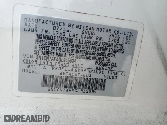 2016 Nissan Versa S with VIN 3N1CN7AP4GL915534, listed as a Copart auction lot 53499915 with 133,595 mi miles and Salvage Title. Bid and sale history available at carsss.com. Image 12.