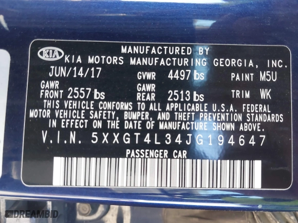 2018 Kia Optima S with VIN 5XXGT4L34JG194647, listed as a IAAI auction lot 41644732 with 122,107 mi miles. Bid and sale history available at carsss.com. Image 9.