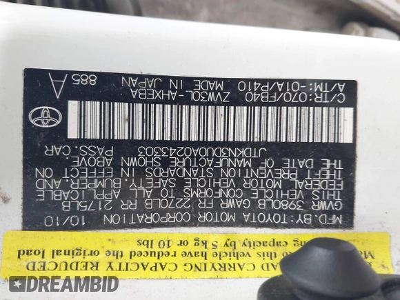 2010 Toyota Prius II z VIN JTDKN3DU0A0243303, wystawiony jako IAAI lot #42444198 z przebiegiem 248 981 mil mil oraz . Historia ofert i sprzedaży dostępna na DreamBid. Obrazek 9.
