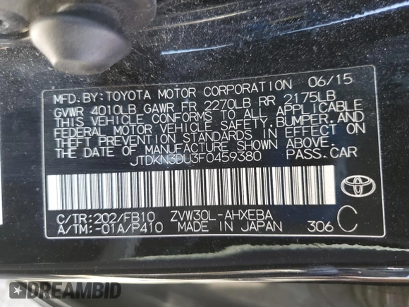 2015 Toyota Prius Four с VIN JTDKN3DU3F0459380, выставлен на аукционе Copart как лот 55700315 с пробегом 235 666 миль миль и Списание • Salvage title. История ставок и продаж доступна на DreamBid. Изображение 12.