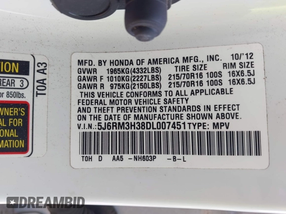 2013 Honda CR-V LX with VIN 5J6RM3H38DL007451, listed as a IAAI auction lot 41995597 with 56,084 mi miles and . Bid and sale history available at DreamBid. Image 9.
