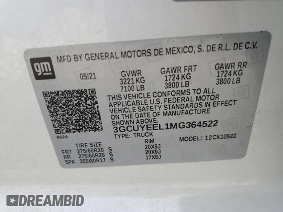 2021 Chevrolet Silverado 1500 RST with VIN 3GCUYEEL1MG364522, listed as a Copart auction lot 65653904 with 52,010 mi miles and Salvage Title. Bid and sale history available at carsss.com. Image 14.