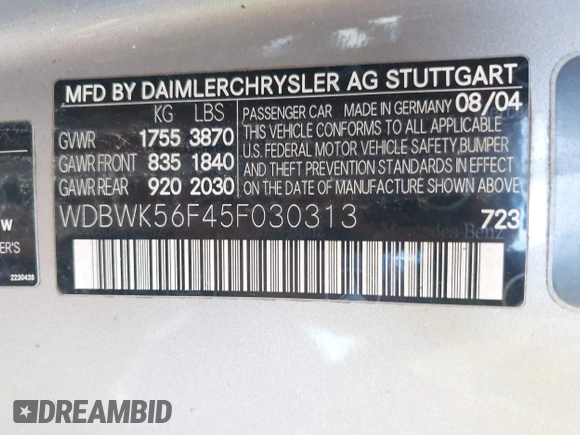 2005 Mercedes-Benz SLK 230/320 with VIN WDBWK56F45F030313, listed as a IAAI auction lot 42575872 with 183,685 mi miles and . Bid and sale history available at DreamBid. Image 9.