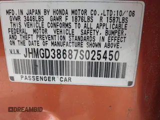 2007 Honda Fit Sport with VIN JHMGD38687S025450, listed as a IAAI auction lot 42124564 with 207,838 mi miles. Bid and sale history available at carsss.com. Image 9.