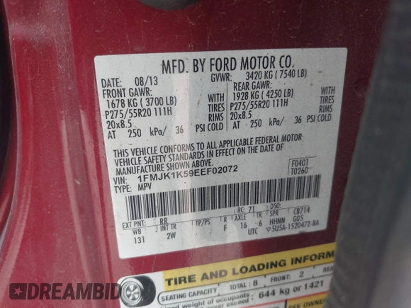 2014 Ford Expedition Max Limited с VIN 1FMJK1K59EEF02072, выставлен на аукционе IAAI как лот 41599792 с пробегом 54 883 миль миль и . История ставок и продаж доступна на DreamBid. Изображение 9.