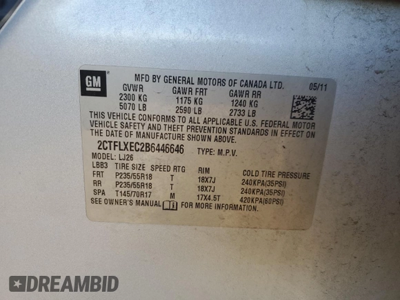 2011 GMC Terrain SLT-2 with VIN 2CTFLXEC2B6446646, listed as a Copart auction lot 82867874 with 200,273 mi miles and Salvage Title. Bid and sale history available at DreamBid. Image 13.