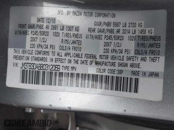 2011 Mazda CX-9 Grand Touring with VIN JM3TB3DA8B0312069, listed as a IAAI auction lot 41793398 with 185,381 mi miles. Bid and sale history available at carsss.com. Image 8.