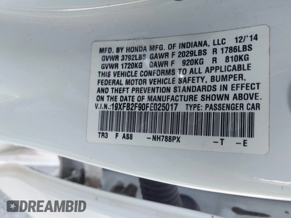 2015 Honda Civic Sedan EX-L with VIN 19XFB2F90FE025017, listed as a IAAI auction lot 41883776 with 98,314 mi miles. Bid and sale history available at carsss.com. Image 9.