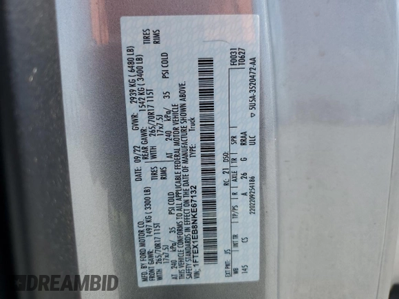 2022 Ford F-150 XL with VIN 1FTEX1EB8NKE67132, listed as a Copart auction lot 69495584 with Not provided miles and Salvage title. Bid and sale history available at DreamBid. Image 12.