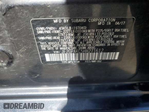 2017 Subaru Crosstrek Limited with VIN JF2GPAKC5HH271612, listed as a Copart auction lot 57243745 with 107,467 mi miles and Salvage title. Bid and sale history available at DreamBid. Image 13.