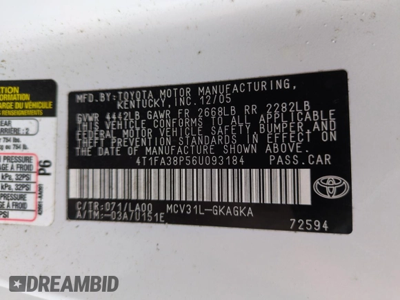2006 Toyota Solara SE with VIN 4T1FA38P56U093184, listed as a Copart auction lot 74103834 with Not Provided miles and Salvage Title. Bid and sale history available at carsss.com. Image 12.