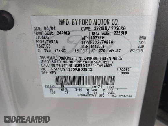 2005 Ford Escape Limited с VIN 1FMYU94155KB03842, выставлен на аукционе IAAI как лот 42119786 с пробегом 169 219 миль миль и . История ставок и продаж доступна на DreamBid. Изображение 9.