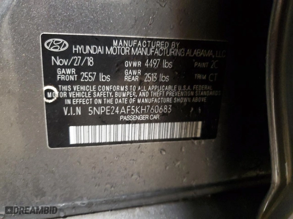 2019 Hyundai Sonata SE with VIN 5NPE24AF5KH760683, listed as a Copart auction lot 48176365 with 89,565 mi miles and Clean Title. Bid and sale history available at carsss.com. Image 13.