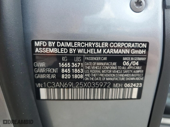 2005 Chrysler Crossfire Limited with VIN 1C3AN69L25X035972, listed as a Copart auction lot 72862624 with 105089 miles and Salvage Title. Bid and sale history available at carsss.com. Image 12.