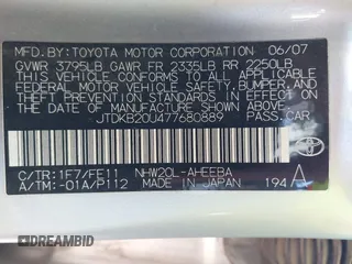 2007 Toyota Prius with VIN JTDKB20U477680889, listed as a IAAI auction lot 41975153 with 122,045 mi miles and . Bid and sale history available at DreamBid. Image 9.