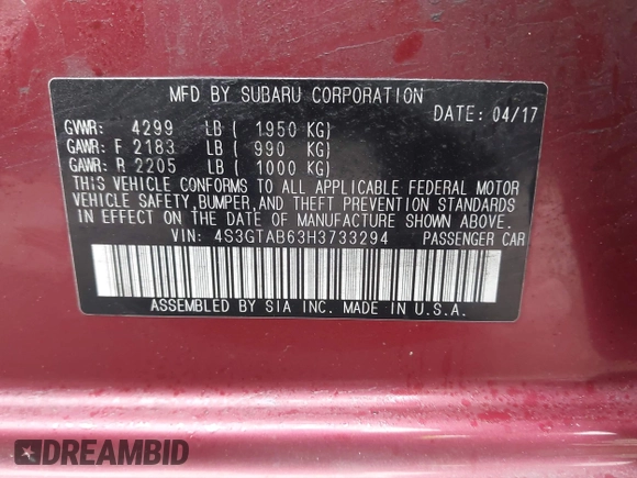 2017 Subaru Impreza Premium z VIN 4S3GTAB63H3733294, wystawiony jako IAAI lot #42236802 z przebiegiem 115 173 mil mil oraz . Historia ofert i sprzedaży dostępna na DreamBid. Obrazek 9.