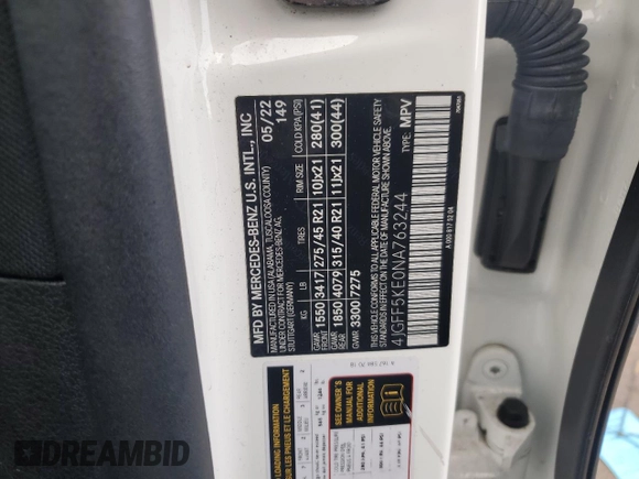 2022 Mercedes-Benz GLS 450 with VIN 4JGFF5KE0NA763244, listed as a Copart auction lot 46163825 with Not provided miles and Non repairable. Bid and sale history available at DreamBid. Image 15.