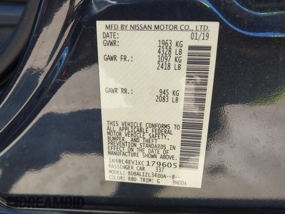 2019 Nissan Altima SL with VIN 1N4BL4EV1KC179605, listed as a IAAI auction lot 41863484 with 95,840 mi miles and . Bid and sale history available at DreamBid. Image 9.