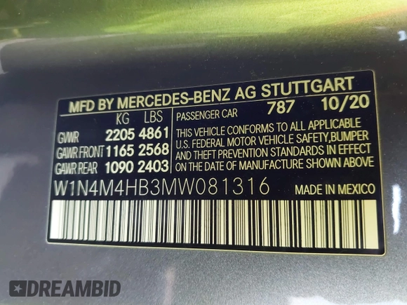 2021 Mercedes-Benz GLB with VIN W1N4M4HB3MW081316, listed as a IAAI auction lot 42003048 with 42,233 mi miles. Bid and sale history available at carsss.com. Image 9.