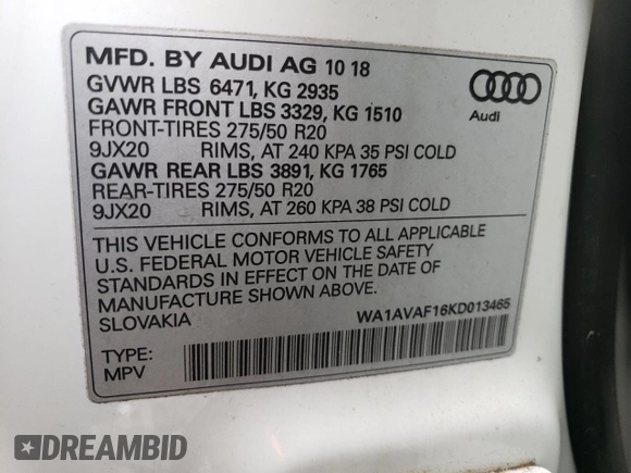 2019 Audi Q8 Premium z VIN WA1AVAF16KD013465, wystawiony jako Copart lot #88467105 z przebiegiem 54 678 mil mil oraz Szkoda całkowita • Salvage title. Historia ofert i sprzedaży dostępna na DreamBid. Obrazek 13.