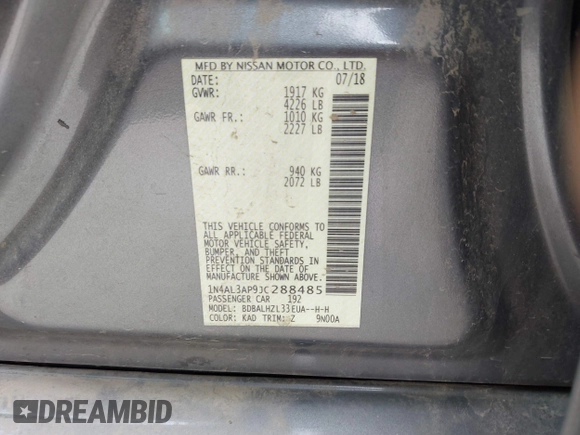 2018 Nissan Altima 2.5 S with VIN 1N4AL3AP9JC288485, listed as a IAAI auction lot 40718406 with 106,819 mi miles. Bid and sale history available at carsss.com. Image 9.