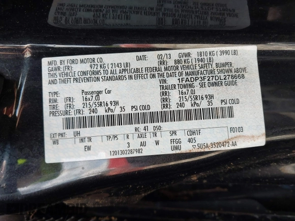 2013 Ford Focus SE with VIN 1FADP3F27DL278668, listed as a IAAI auction lot 42482400 with 132,276 mi miles and . Bid and sale history available at DreamBid. Image 9.