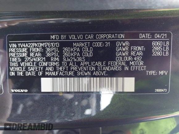2021 Volvo XC90 Momentum with VIN YV4A22PK0M1761013, listed as a IAAI auction lot 42502579 with 70,914 mi miles and . Bid and sale history available at DreamBid. Image 9.