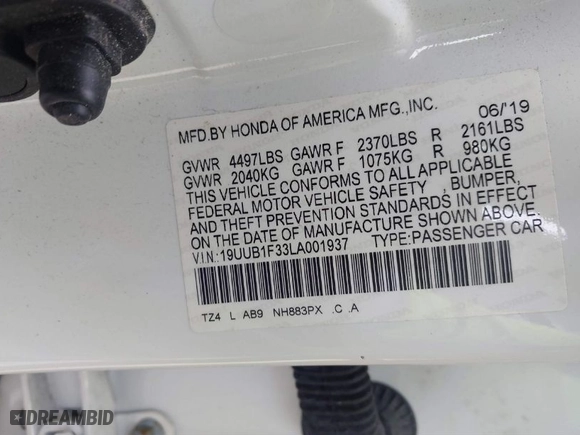 2020 Acura TLX with VIN 19UUB1F33LA001937, listed as a IAAI auction lot 40716068 with 51,973 mi miles. Bid and sale history available at carsss.com. Image 9.