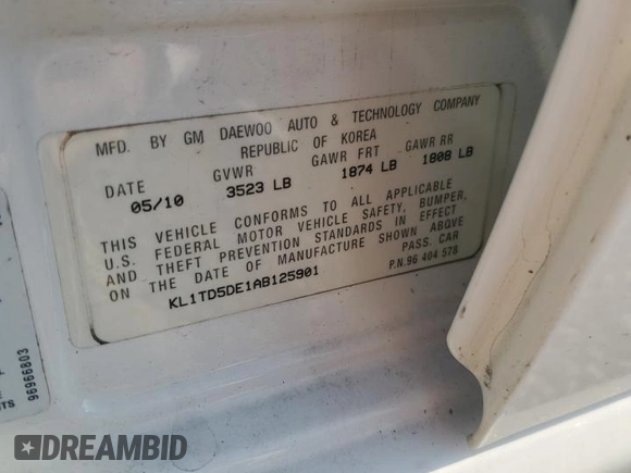 2010 Chevrolet Aveo 1LT with VIN KL1TD5DE1AB125901, listed as a Copart auction lot 52527695 with 136,405 mi miles and Salvage Title. Bid and sale history available at DreamBid. Image 12.
